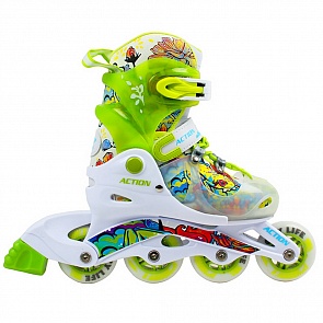 Роликовые коньки PW-116AF 65А Коробейники, пластиковая рама, зеленые, размер 30-33 (RT, 5628rt)